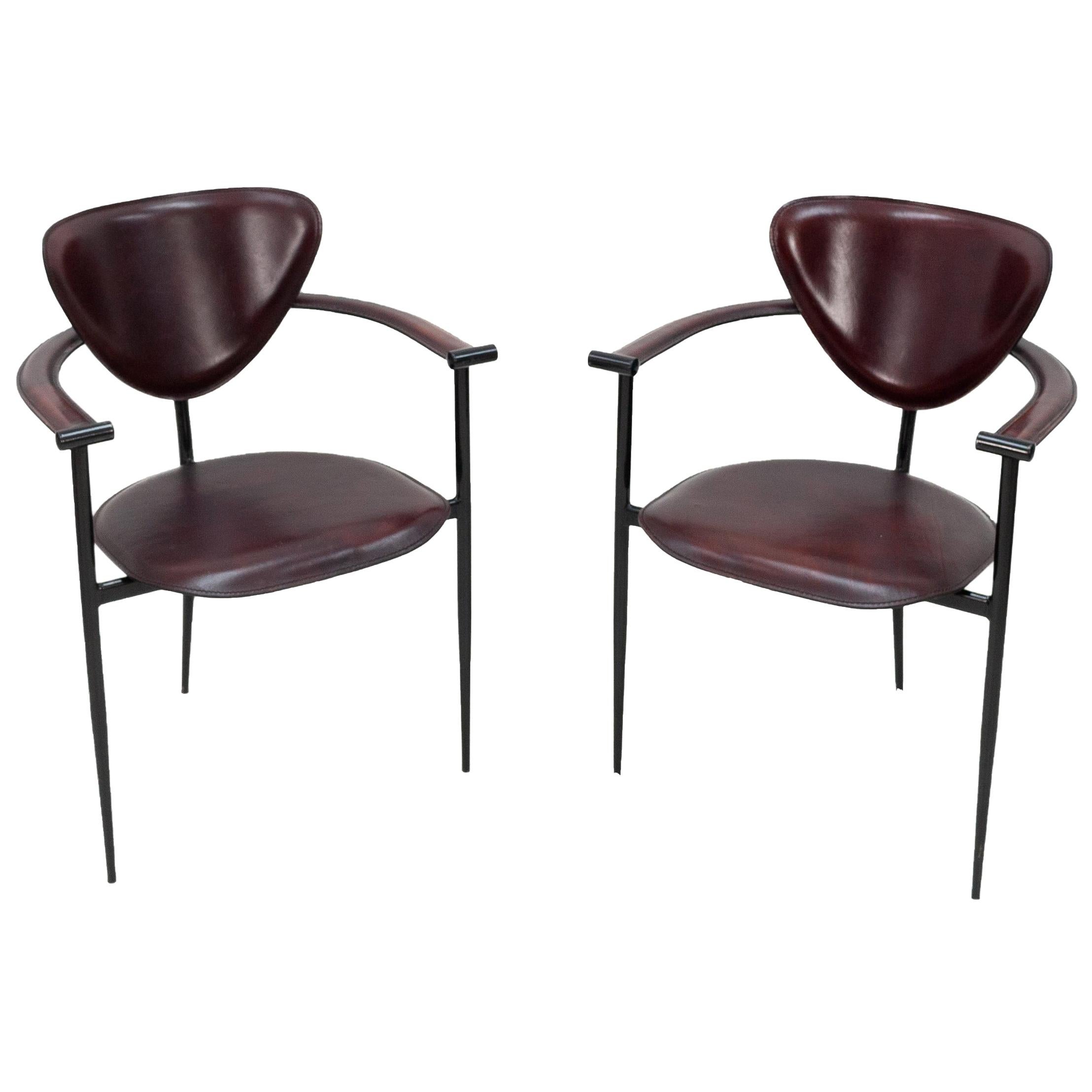 Two Arrben Stiletto Armchairs in Black Cherry Leather, 1970s