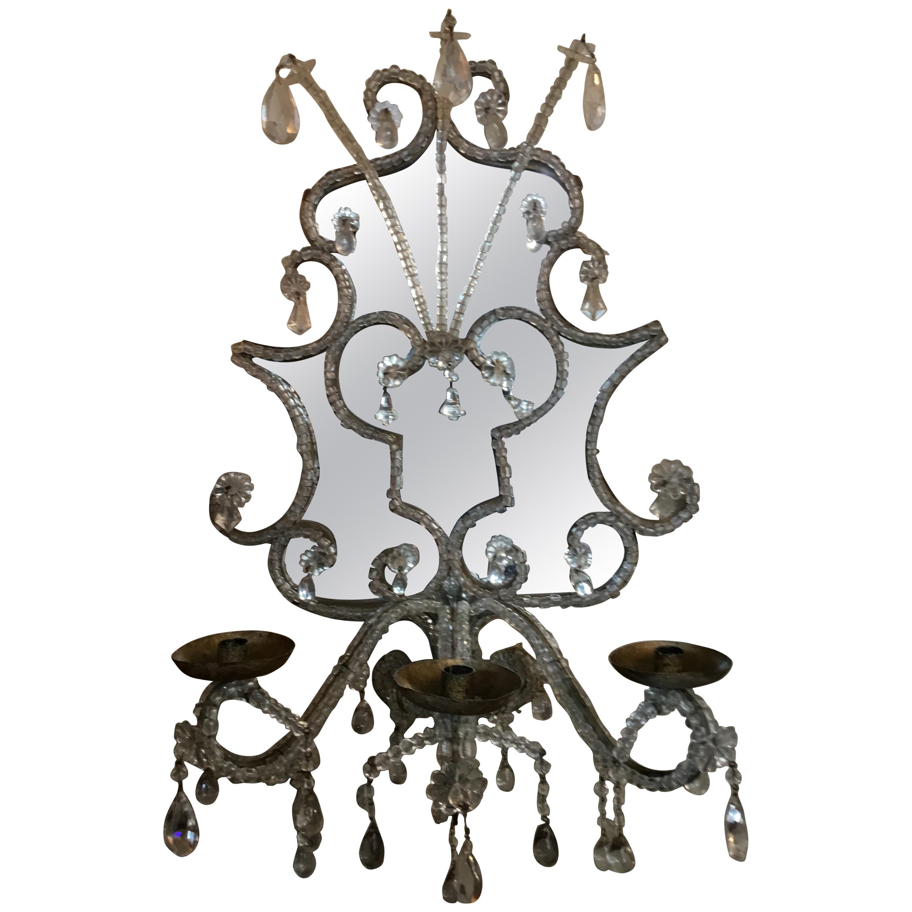 Pair of Large Venetian  19th Century Mirrored  and Crystal Sconces