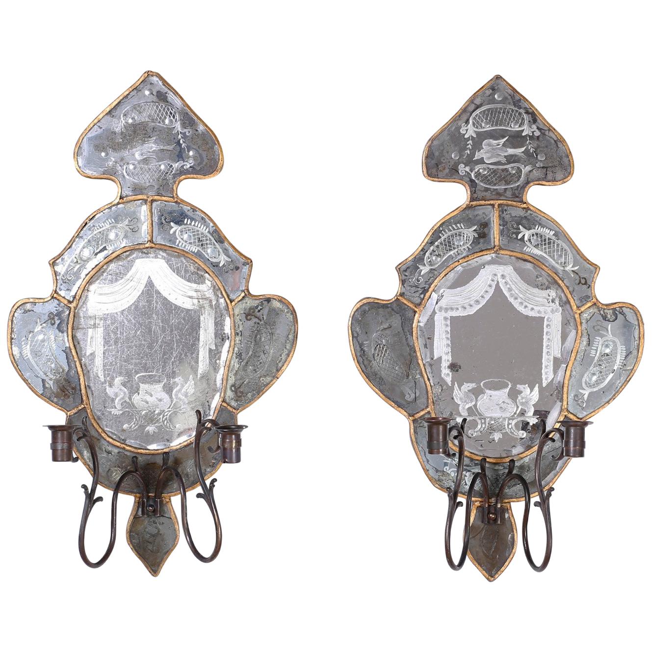 Pair of Antique Venetian Mirrored Wall Sconces
