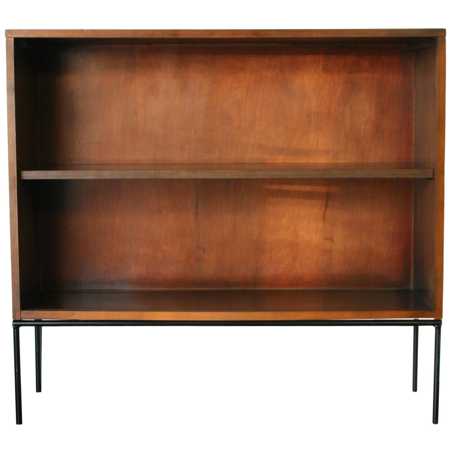 Midcentury Paul McCobb Single Bookcase #1515 Walnut Finish Glass Doors Iron Base