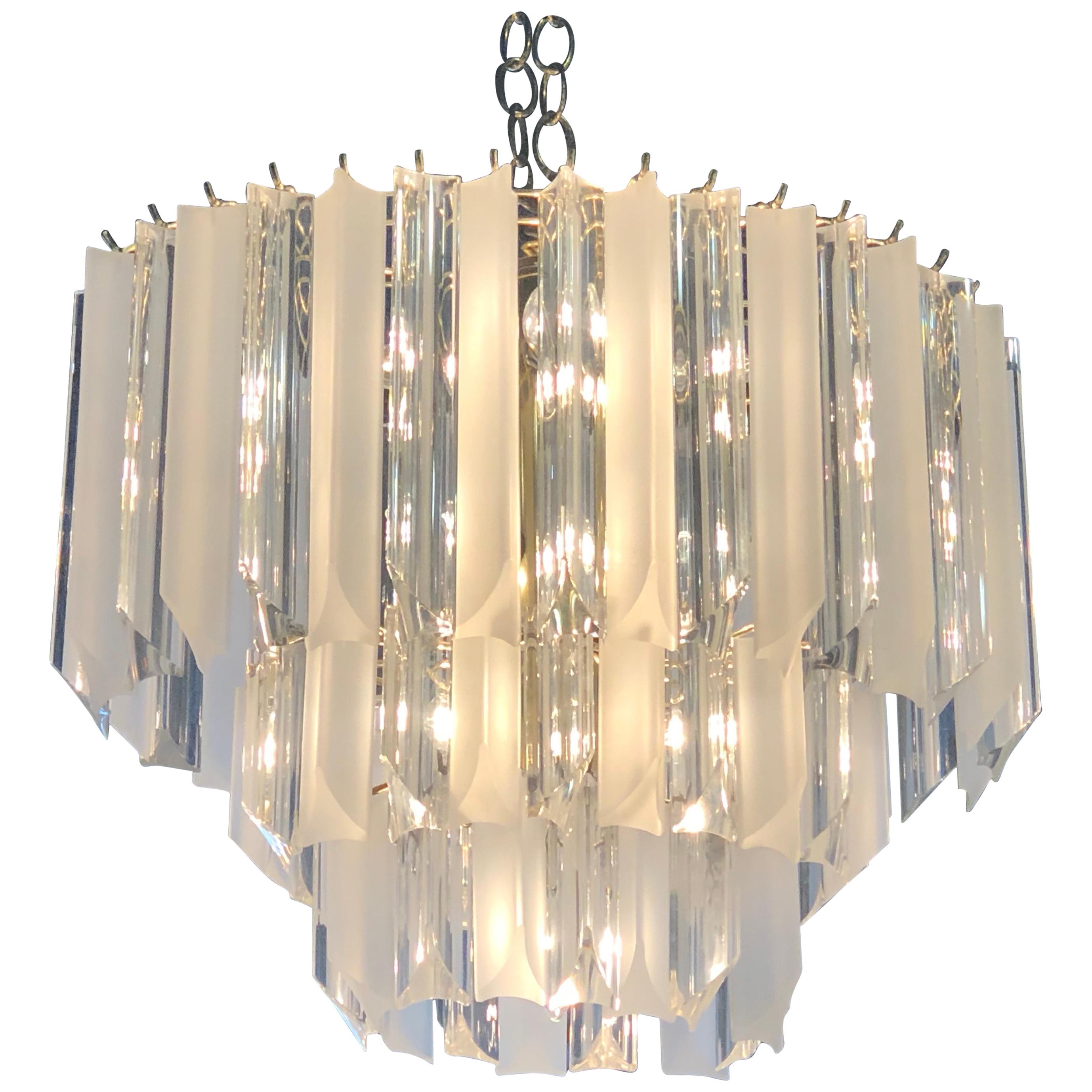 Vintage Lucite Clear and Frosted 3-Tier Chandelier Brass For Sale