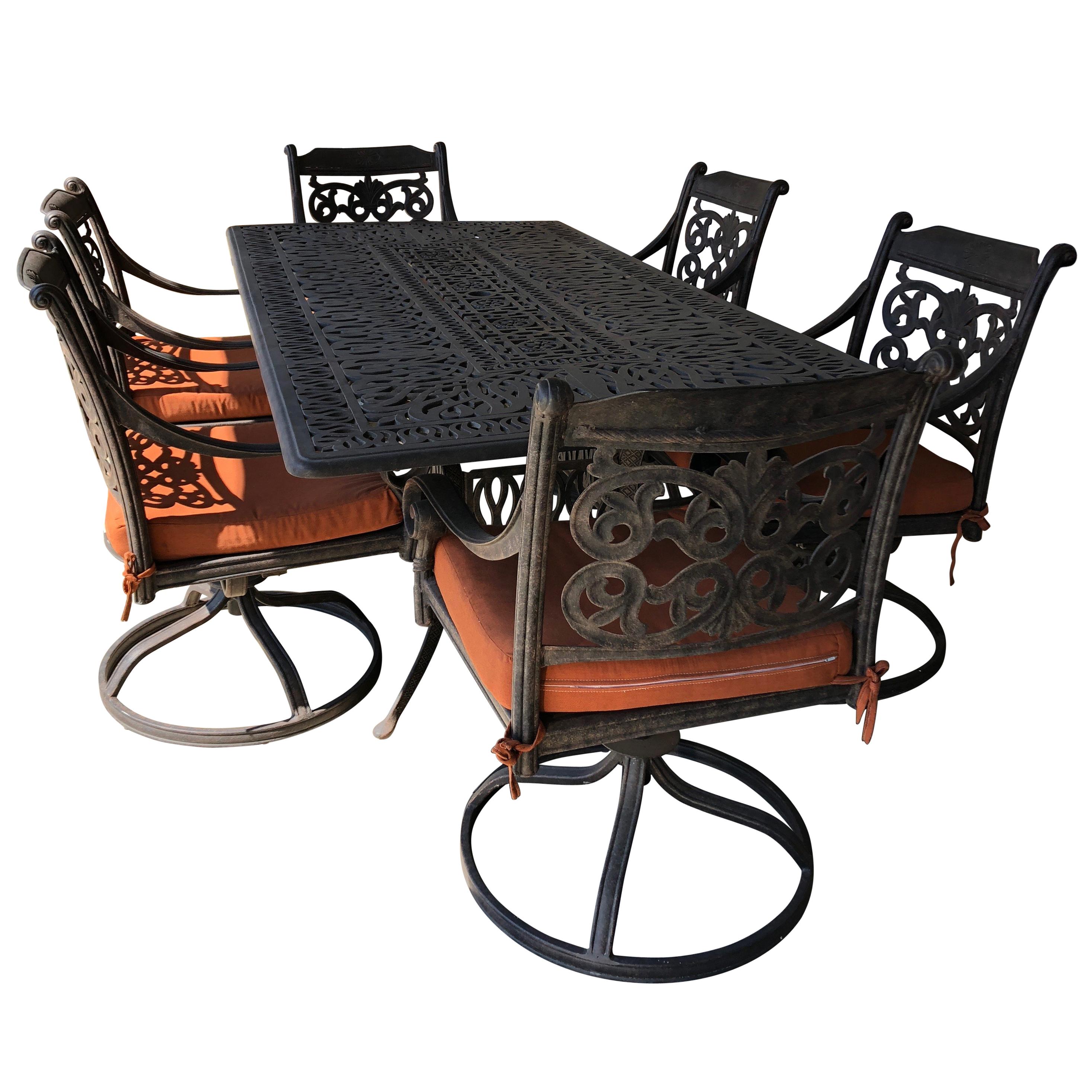 Let's Have a Party Large Cast Aluminum Patio Dining Table and 6 Armchairs
