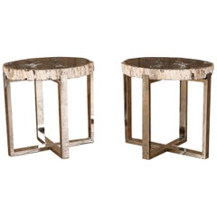 Pair of Mid-Century Modern Petrified Wood Tables on Chrome X-Form Bases, Italian