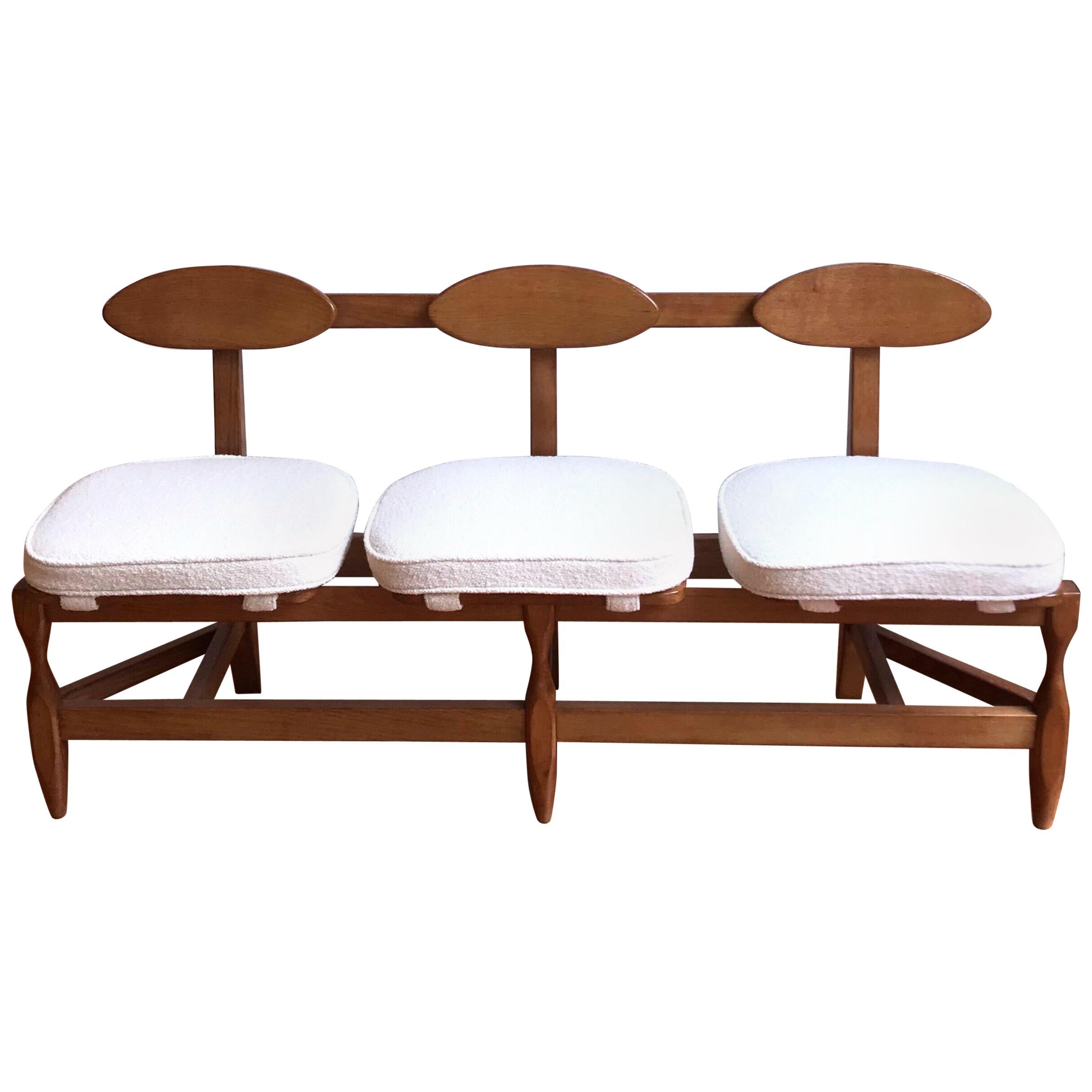 Guillerme and Chambron Midcentury Solid Oak Thee Seats Bench, Votre Maison, 1960