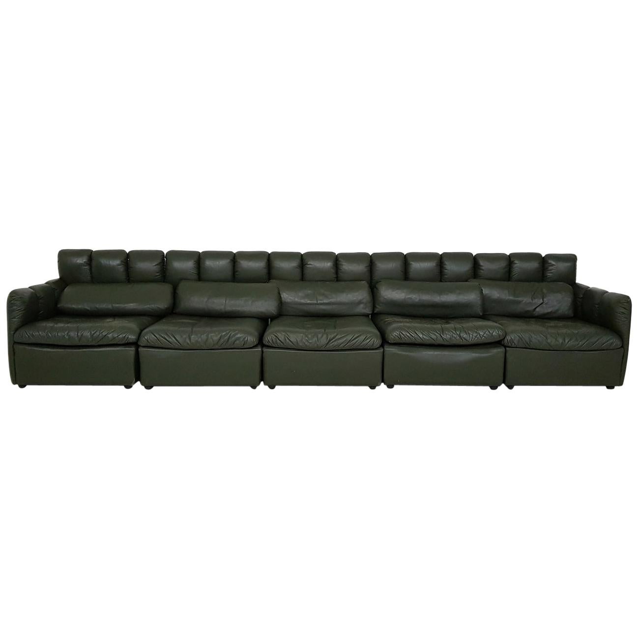 Large "De Sede Style" Dark Green Leather Modular Sofa, Germany 1960's 
