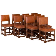 Set of 10 Antique Oak and Leather Dining Chairs