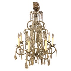 Gilt Metal 8-Light Beaded Frame Having Hanging Crystal Prisms