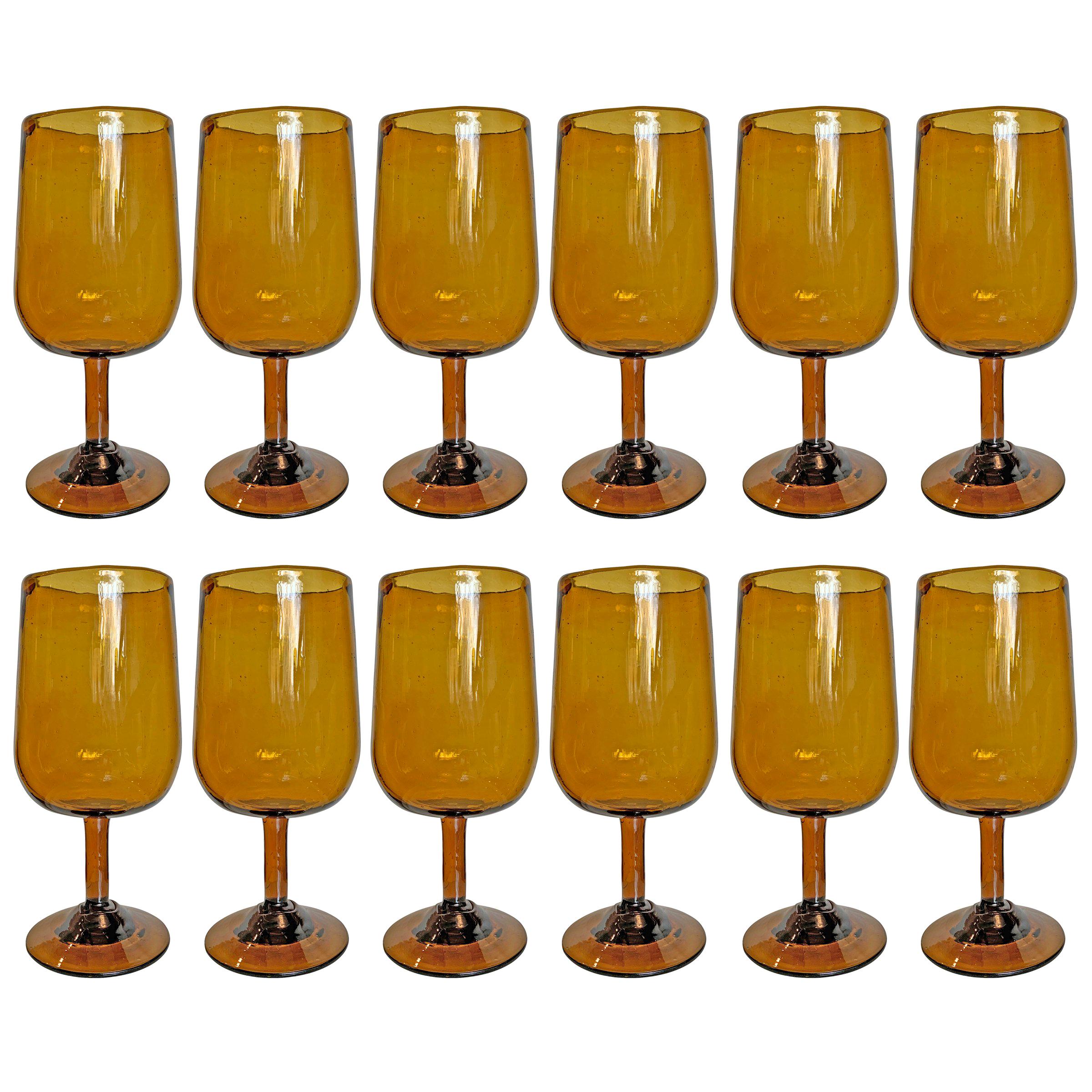 Set of Twelve Midcentury Spanish Hand Blown Amber Wine Glasses at