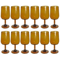 Set of Twelve Midcentury Spanish Hand Blown Amber Wine Glasses