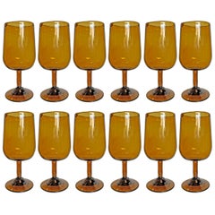 Set of Twelve Midcentury Spanish Hand Blown Amber Wine Glasses