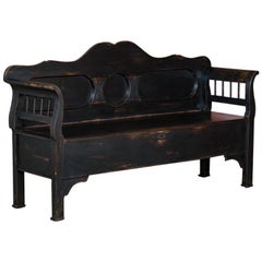 Antique Black Painted Swedish Country Storage Bench