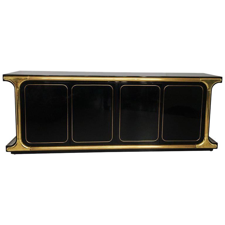 Monumental Black Lacquer and Brass Credenza by Mastercraft