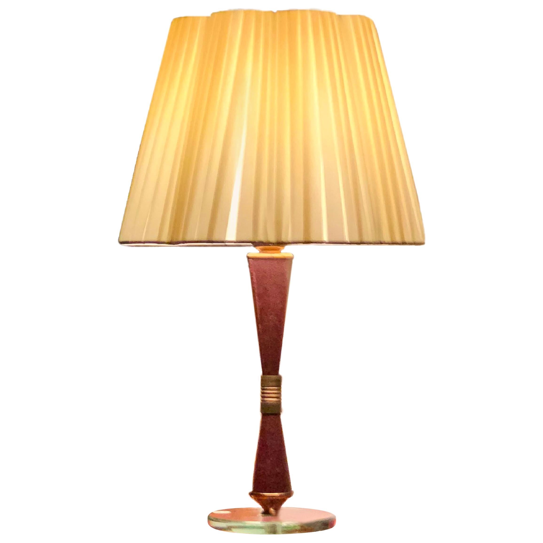 Italian Midcentury Fontana Arte Corseted Leather, Brass and Glass Table Lamp, Silk Shade