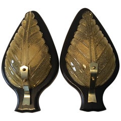 Pair of Murano Glass Sconces On Ebonized Wood in style of Barovier e Toso