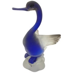 Vintage Modern Murano Glass Duck in Blue "Scavo" Finish by Gino Cenedese, Late 1970s