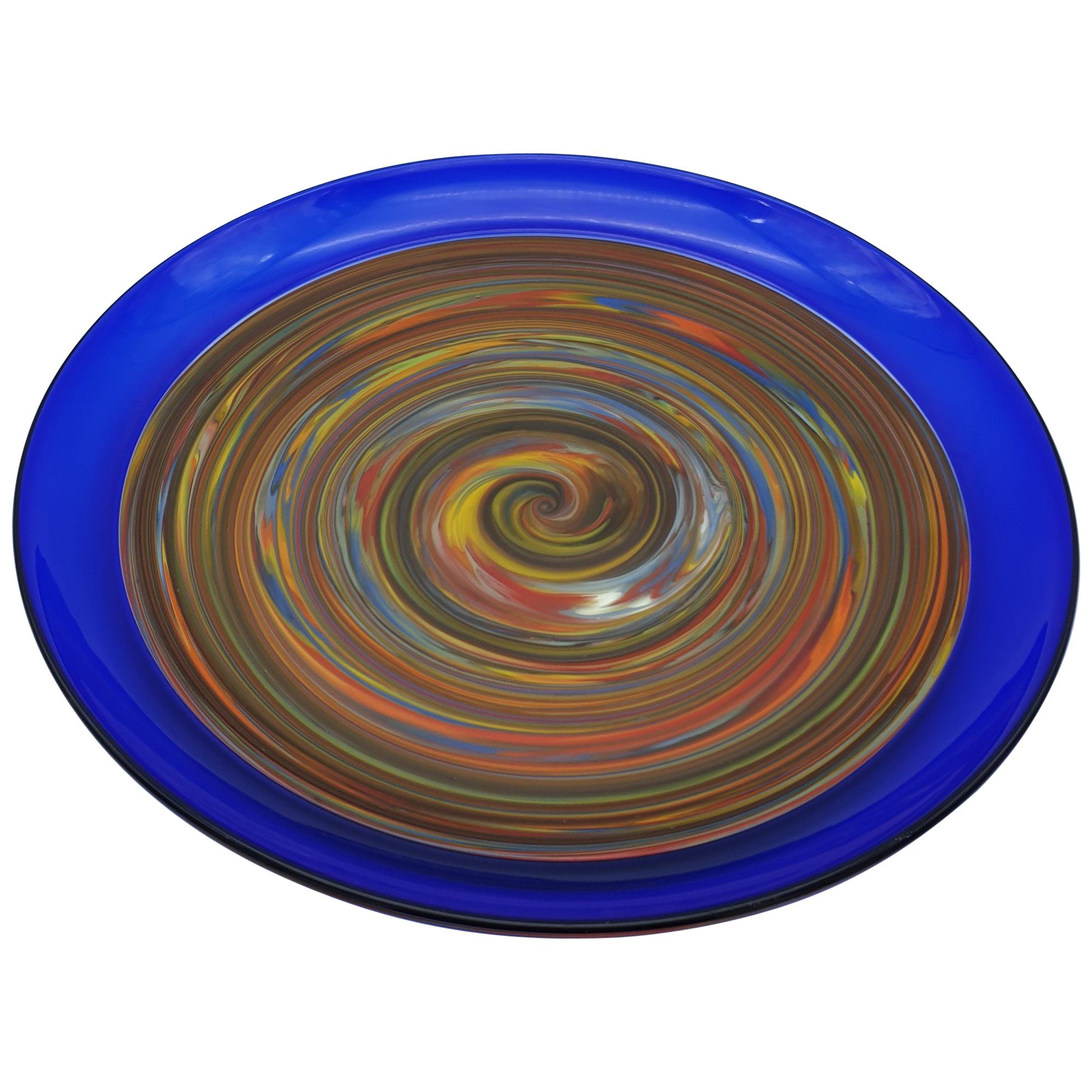 Modern Murano Glass Centerpiece/Platter with Blue "Incalmo" by Cenedese, 1990s For Sale