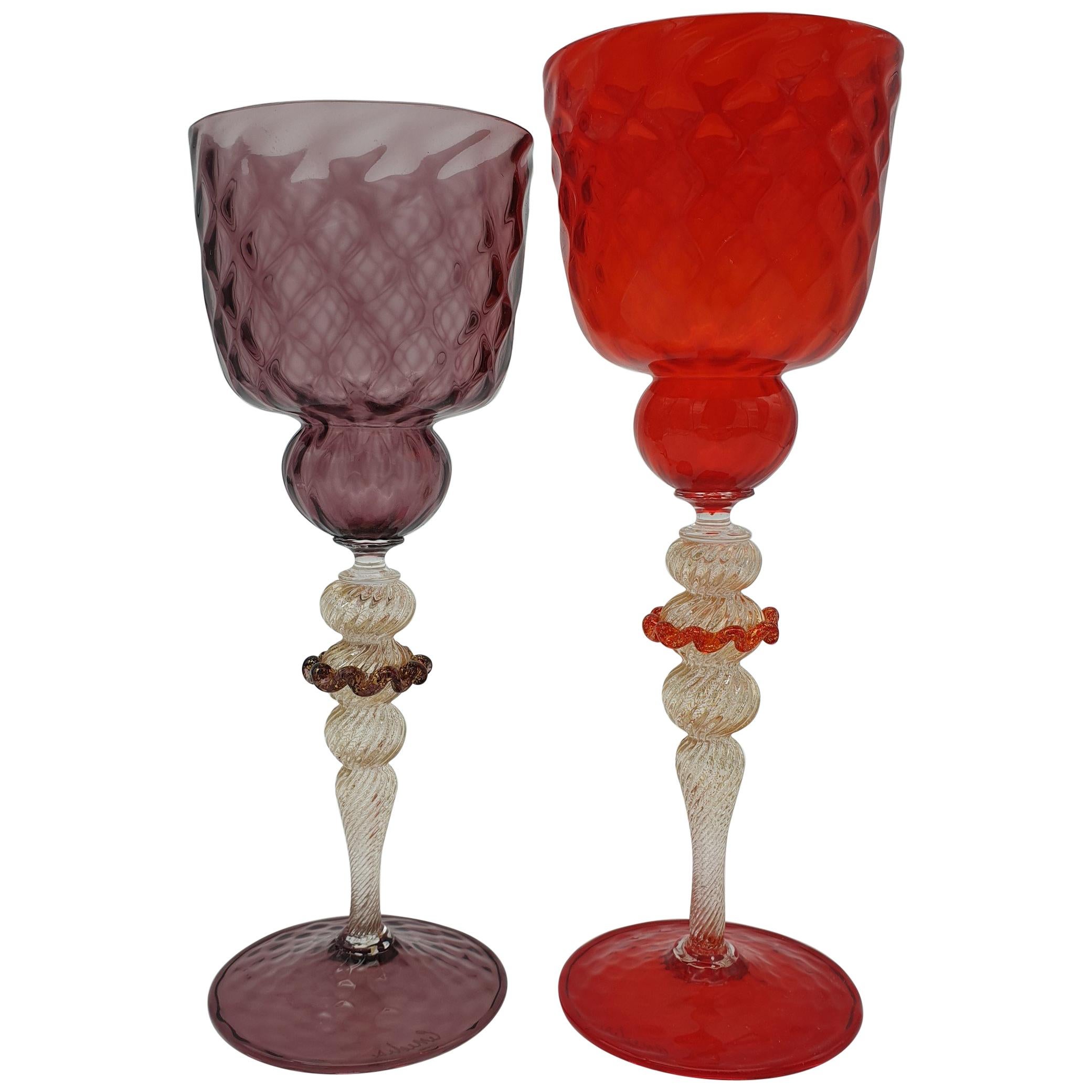 Pair of Modern Murano Glass Goblets by Gino Cenedese, Red & Amethyst, Late 1990s For Sale