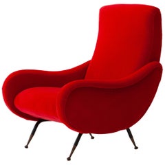 Italian Modern Red Velvet Armchair, 1950s