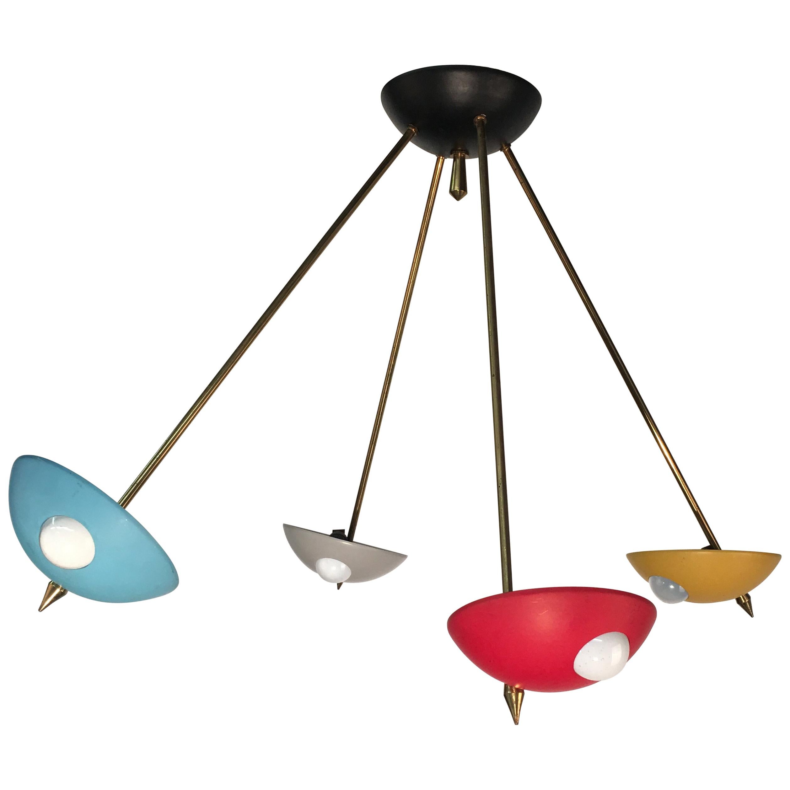 Stilnovo Style Midcentury Italian Brass & Lacquered Aluminium Ceiling Lamp 1950s For Sale