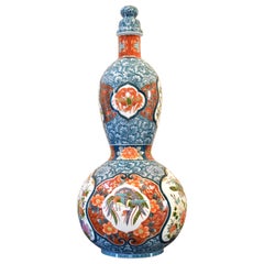 Very Large Japanese Red Blue Imari Ceramic Lidded Vase by Master Artist, 2019