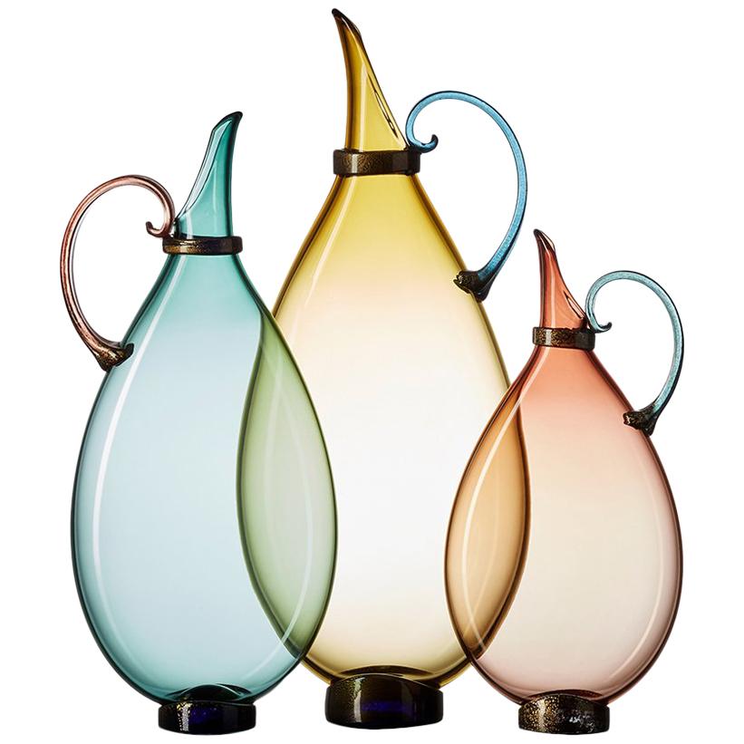 Three Hand Blown Glass Pitcher Vases by Vetro Vero, Custom Colors