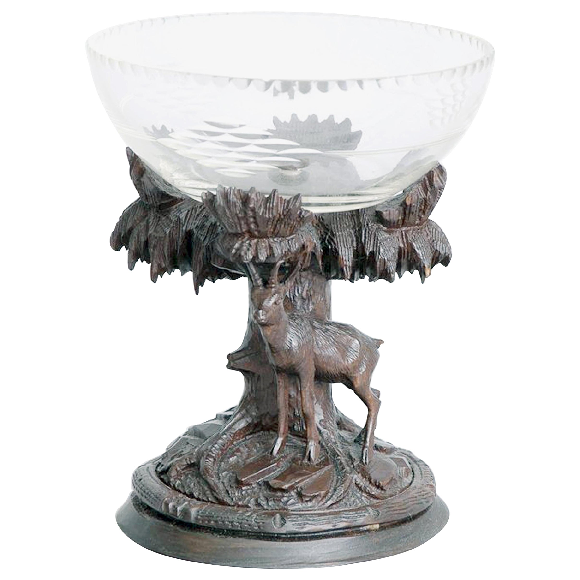 Swiss Black Forest Carved Linden Wood and Cut Glass Compote