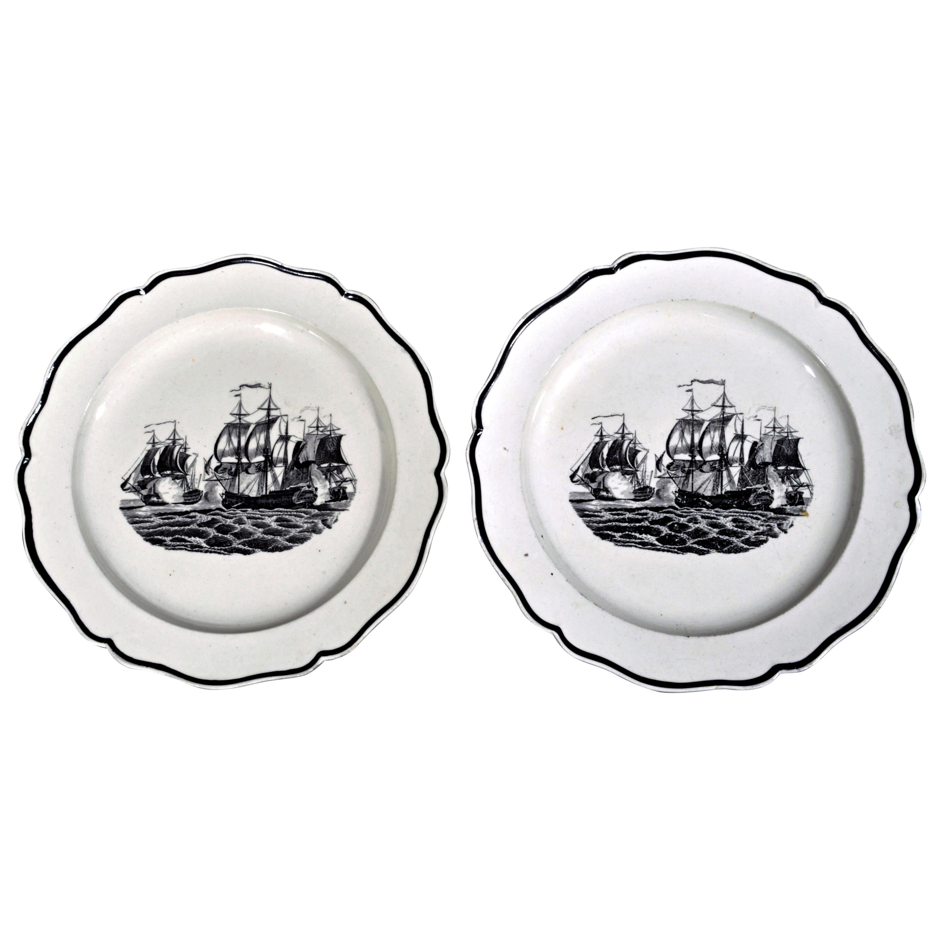 Assiettes en céramique perlée de Liverpool décorées de bateaux, vers 1800