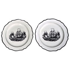 18th Century Ship Decorated Liverpool Pearlware Plates