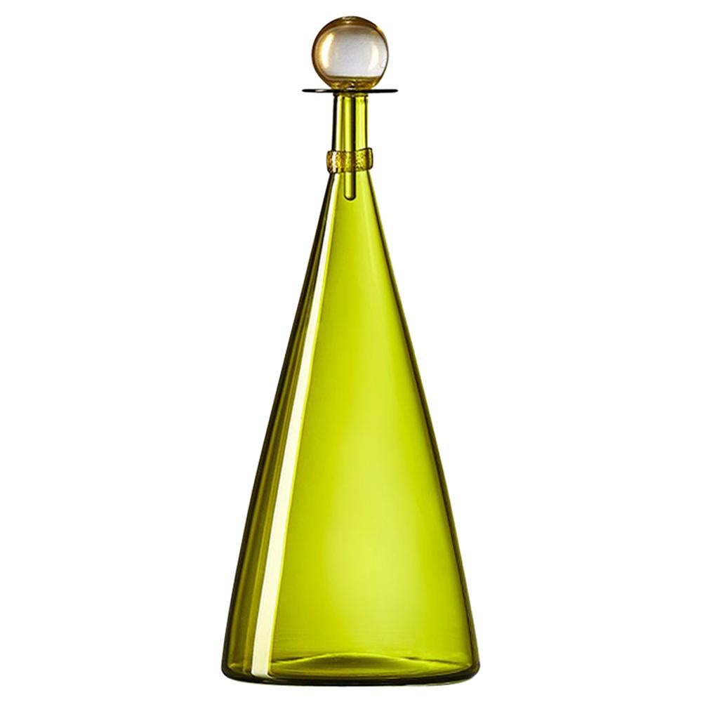 Large Handblown Glass Carafe, Olive Green with Gold Leaf Stopper by Vetro Vero For Sale