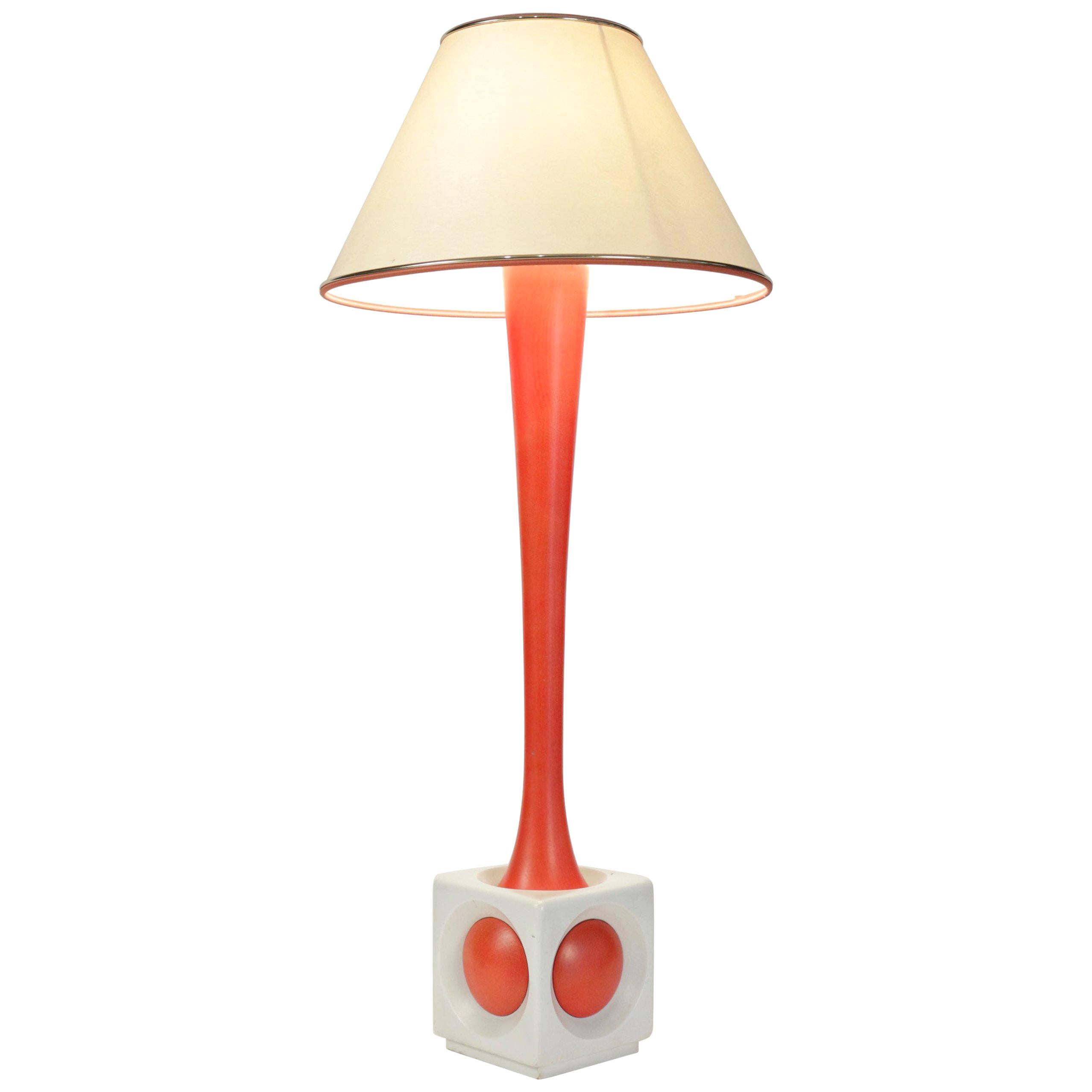 Lampe en bois peint orange et blanc, circa 1960, Midcentury Design en vente