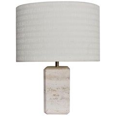 Vintage Italian Midcentury Table Lamp in Travertine Marble with Original Lampshade 1970s