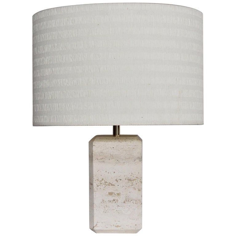 Italian Midcentury Table Lamp in Travertine Marble with Original Lampshade 1970s For Sale