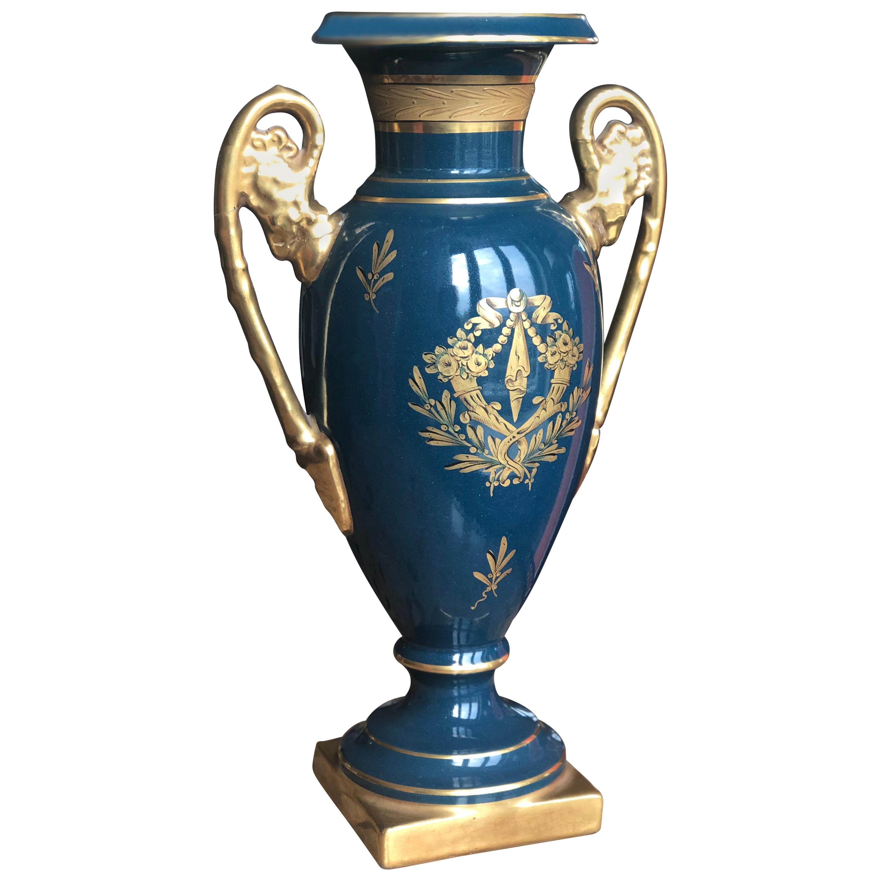 20th Century French Empire Blue Urn Vase with Gold Decoration, Jaget & Pinon For Sale