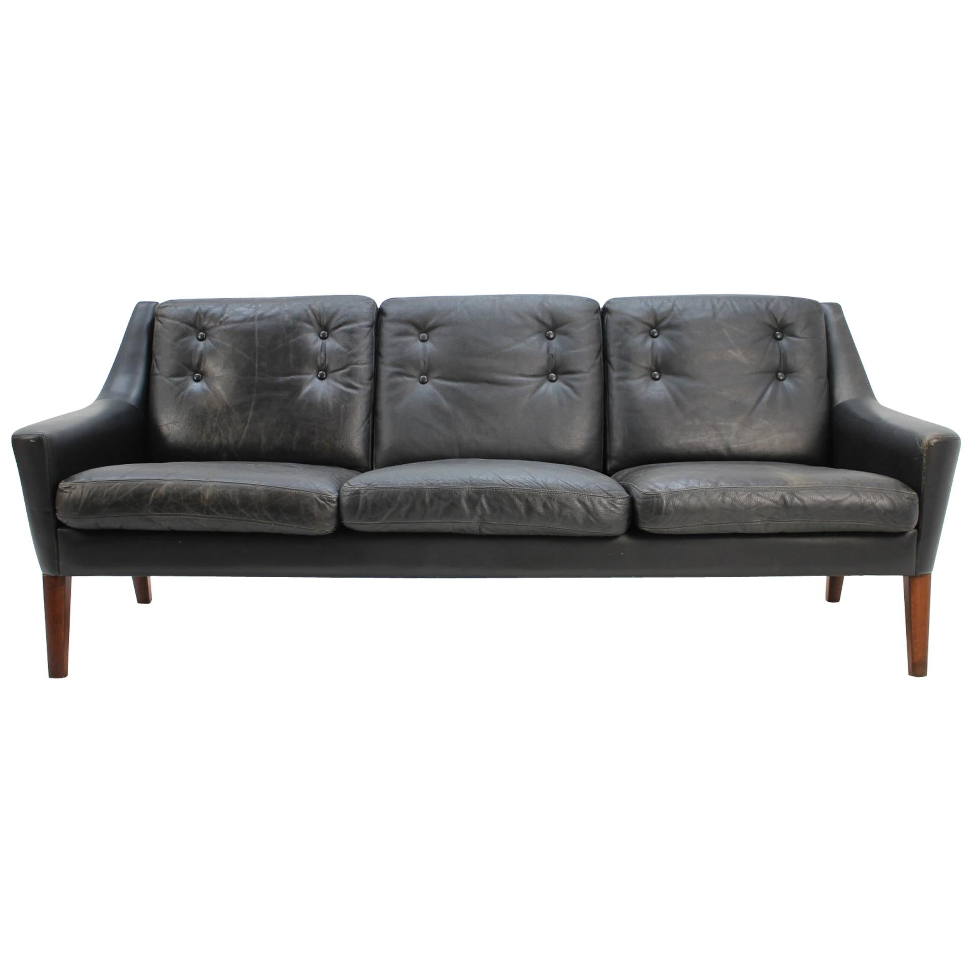 1960s Scandinavian Three-Seat Sofa in Black Leather