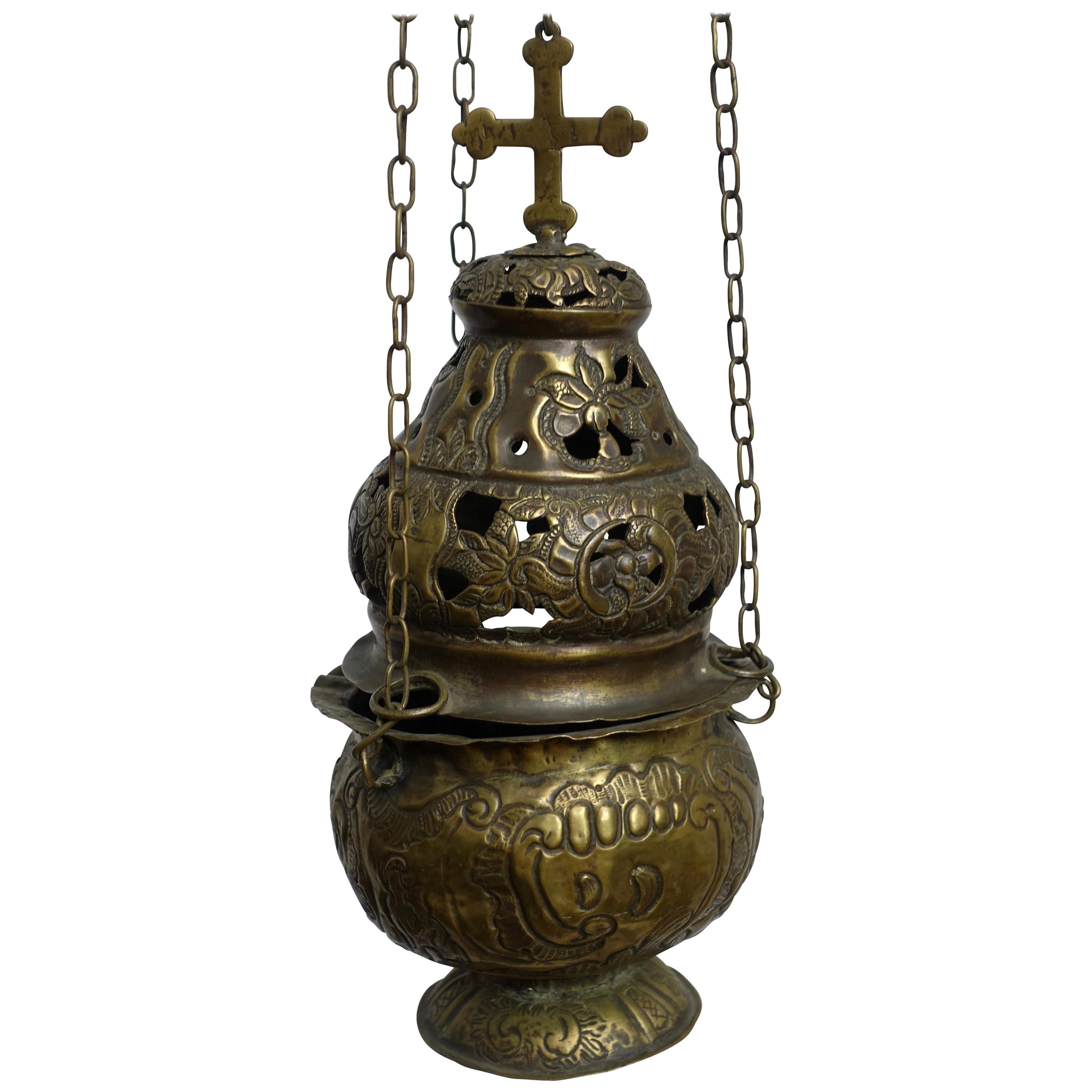 Religious Repousse Brass Hanging Incense Burner, Spanish Colonial, 19th Century
