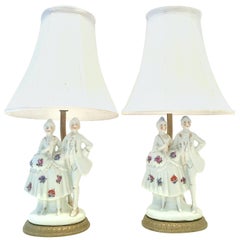 Antique Pair of Meissen Style Porcelain "Courting Couple" Lamps, S/2