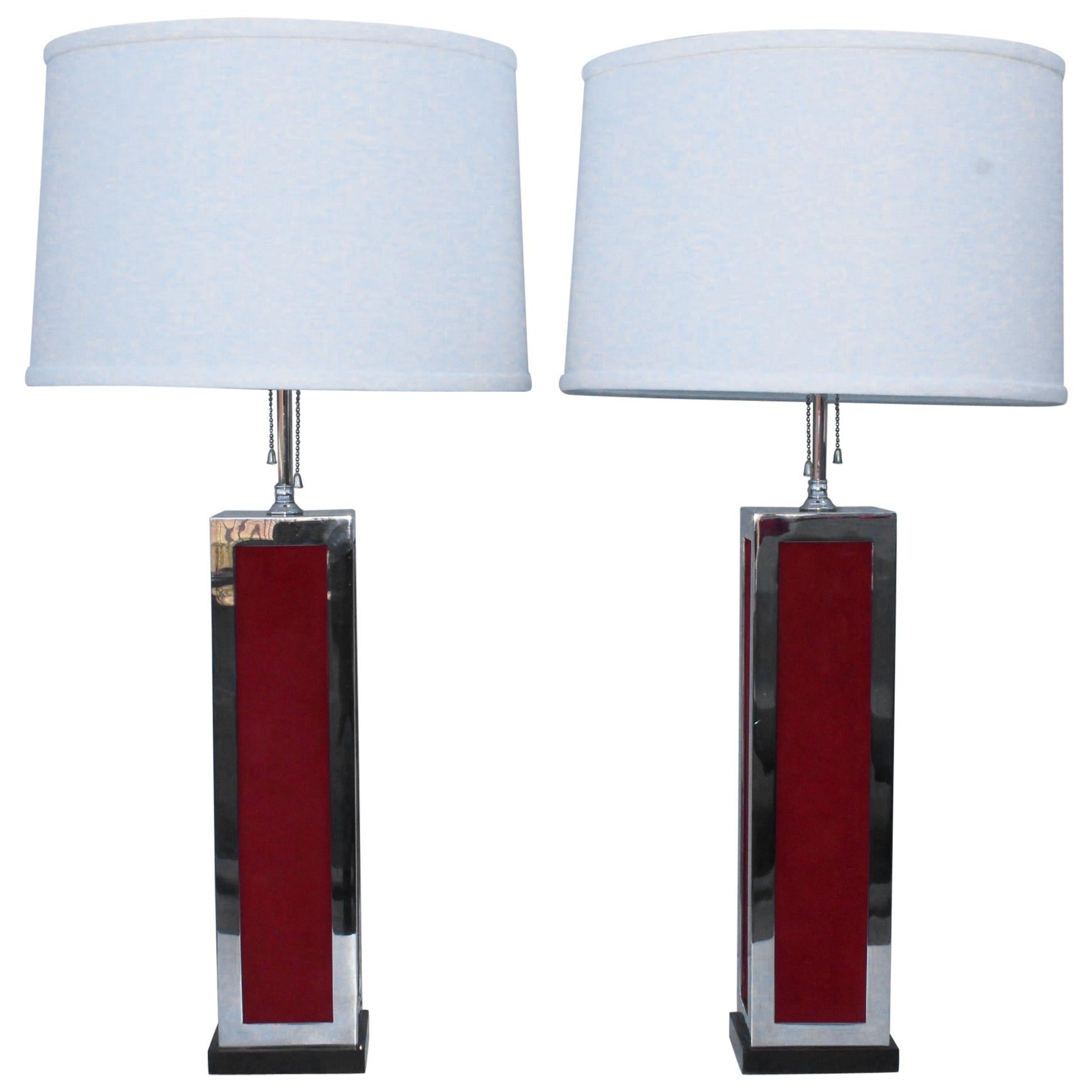 1970s Modern Chrome and Velvet Table Lamps