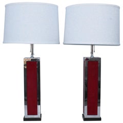 Vintage 1970s Modern Chrome and Velvet Table Lamps