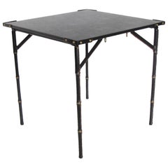 Retro Jacques Adnet Folding Table Hand-Stitched Black Leather Bamboo Brass Design