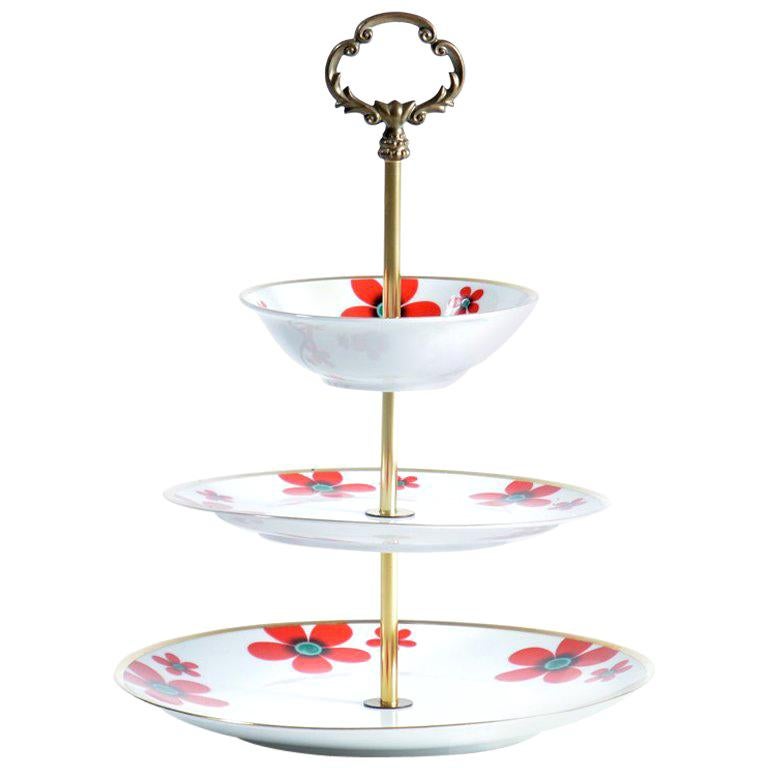 Three Layer Cake Stand in Brass and Porcelain, Czechoslovakia, circa 1960 For Sale