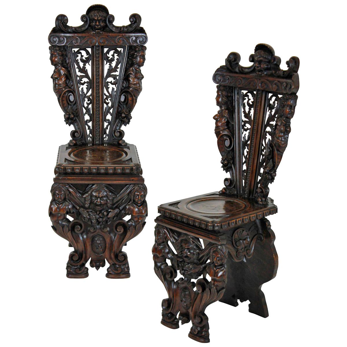 Pair of Fine Italian Renaissance Walnut Hall Chairs