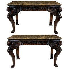 Pair of Large English Country House Mahogany and Marble Console Tables