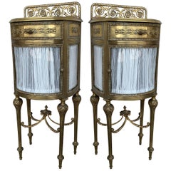 Louis XVI Pair of Bronze Vitrine Nightstand with Curved Glass Door and Drawer