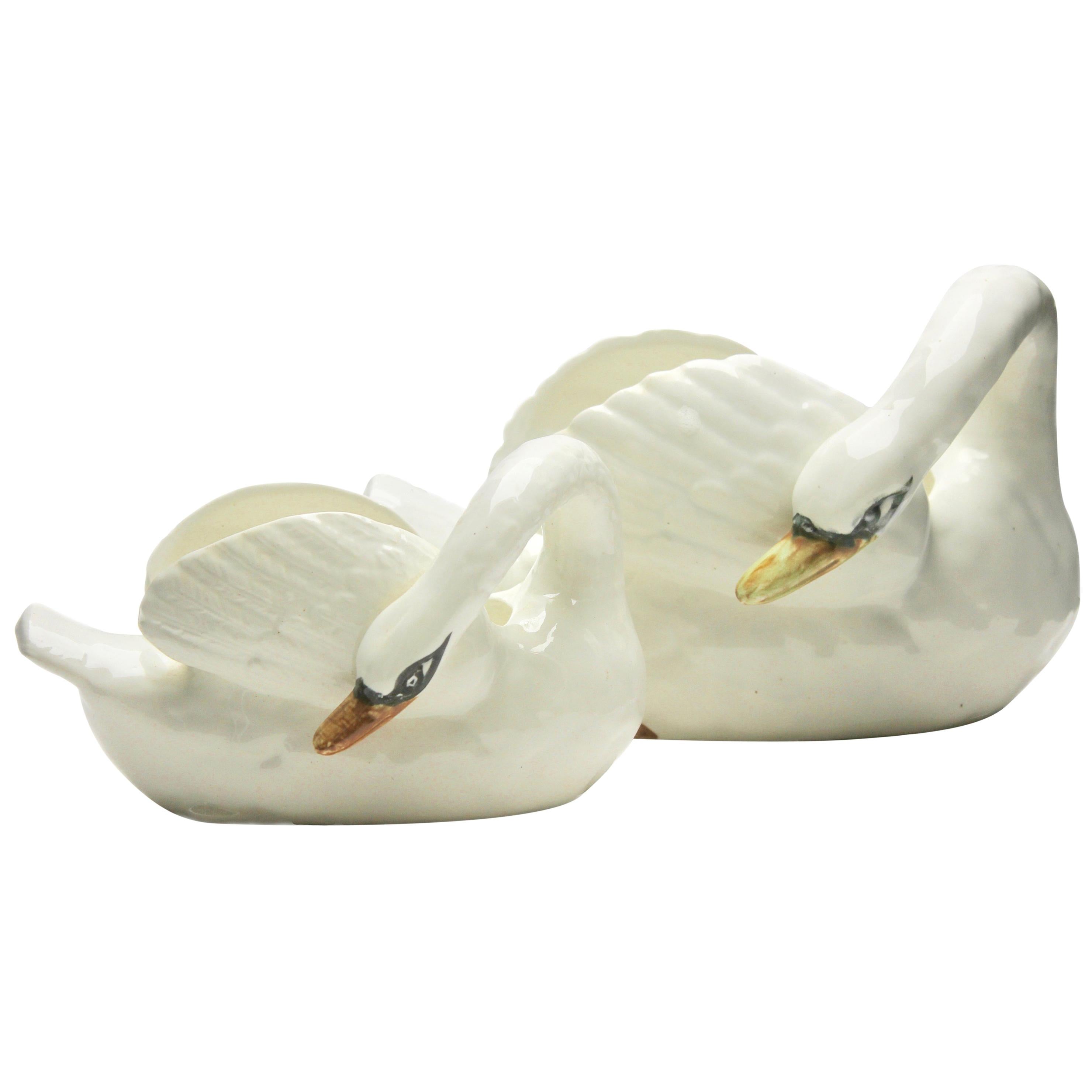 Majolica Set of White Swans Jardinière Stamped Imperiale Nimy Belgium circa 1900