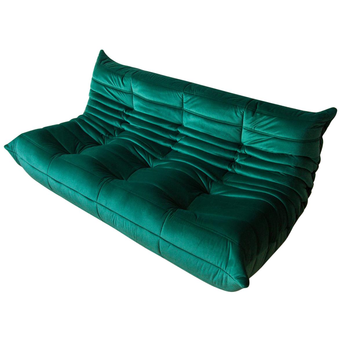 Togo 3-Seat Sofa in Bottle Green Velvet by Michel Ducaroy for Ligne Roset For Sale