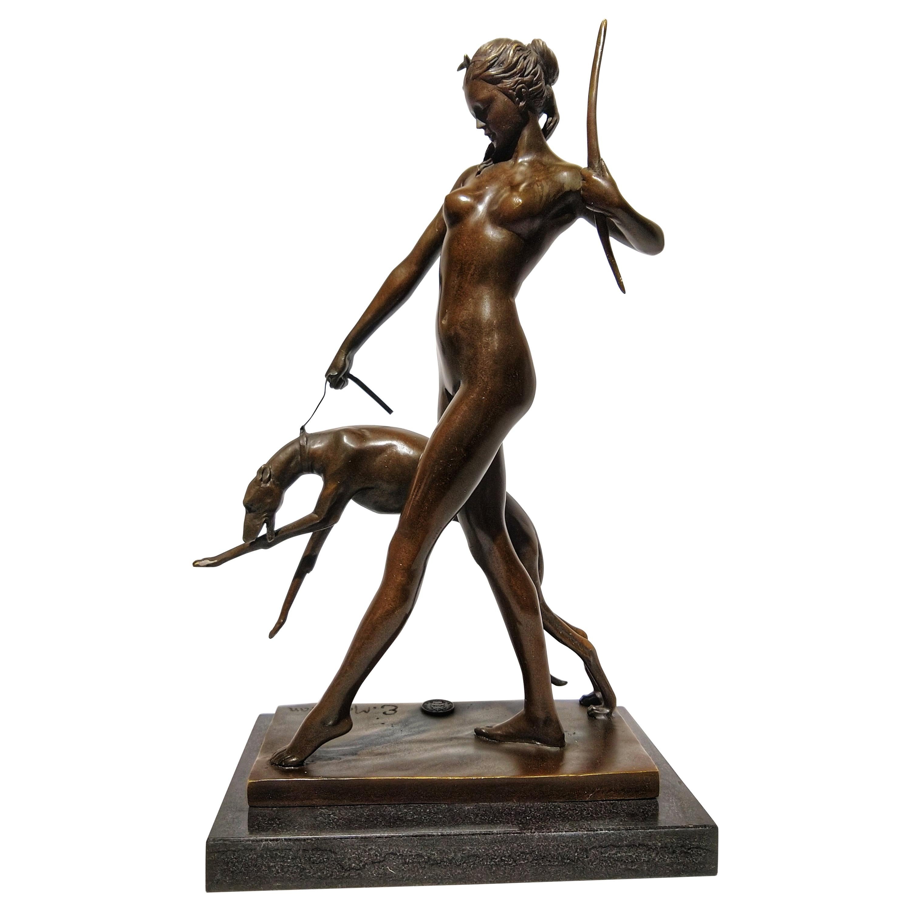 20th Century Art Deco Sculpture Figure Plum Bronze Diana Goddess of Hunting For Sale