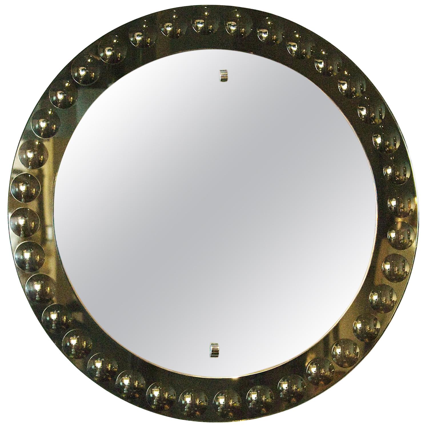 1950s Round Mirror, Intaglio Grey-Green Mirror Frame, Italy
