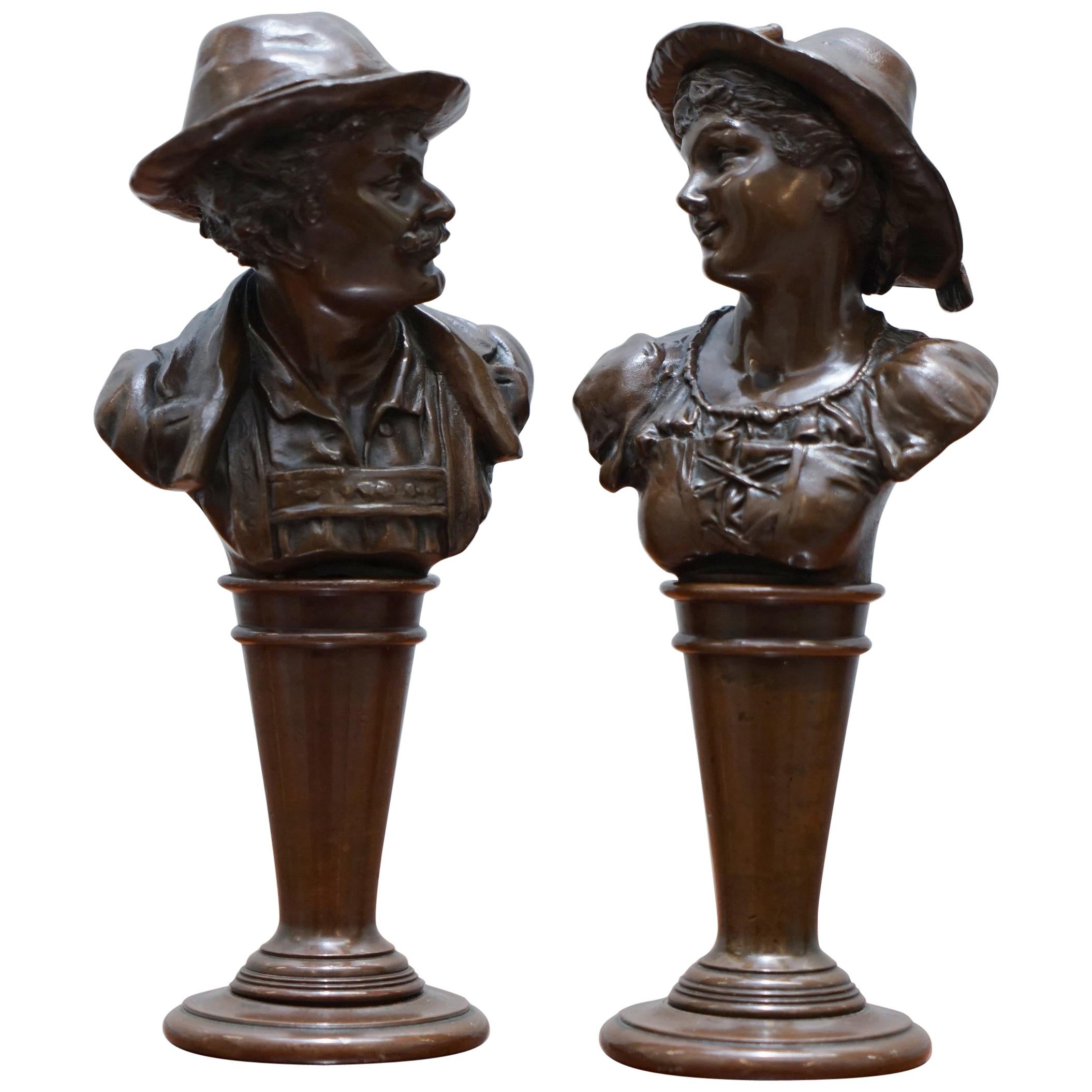 Stunning Pair of Rare Original Victorian Solid Miniature Bronze Bust Statues For Sale