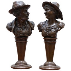 Impresionante Pareja de Raras Estatuas Miniatura Originales Victorianas de Busto Macizo de Bronce