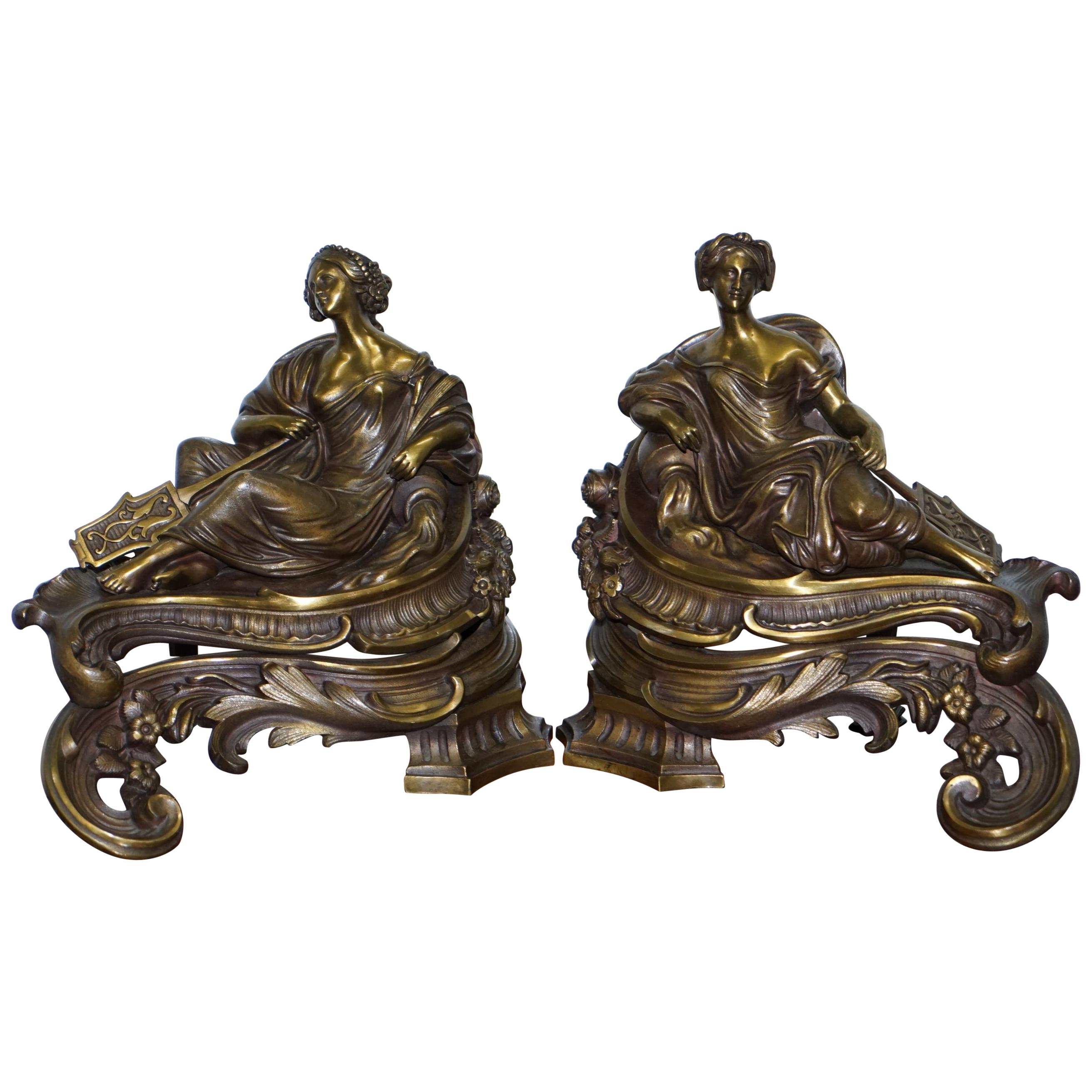 Stunning Pair of Early Louis XVI French Bronze Chenets after Bouhon Fres, Paris For Sale